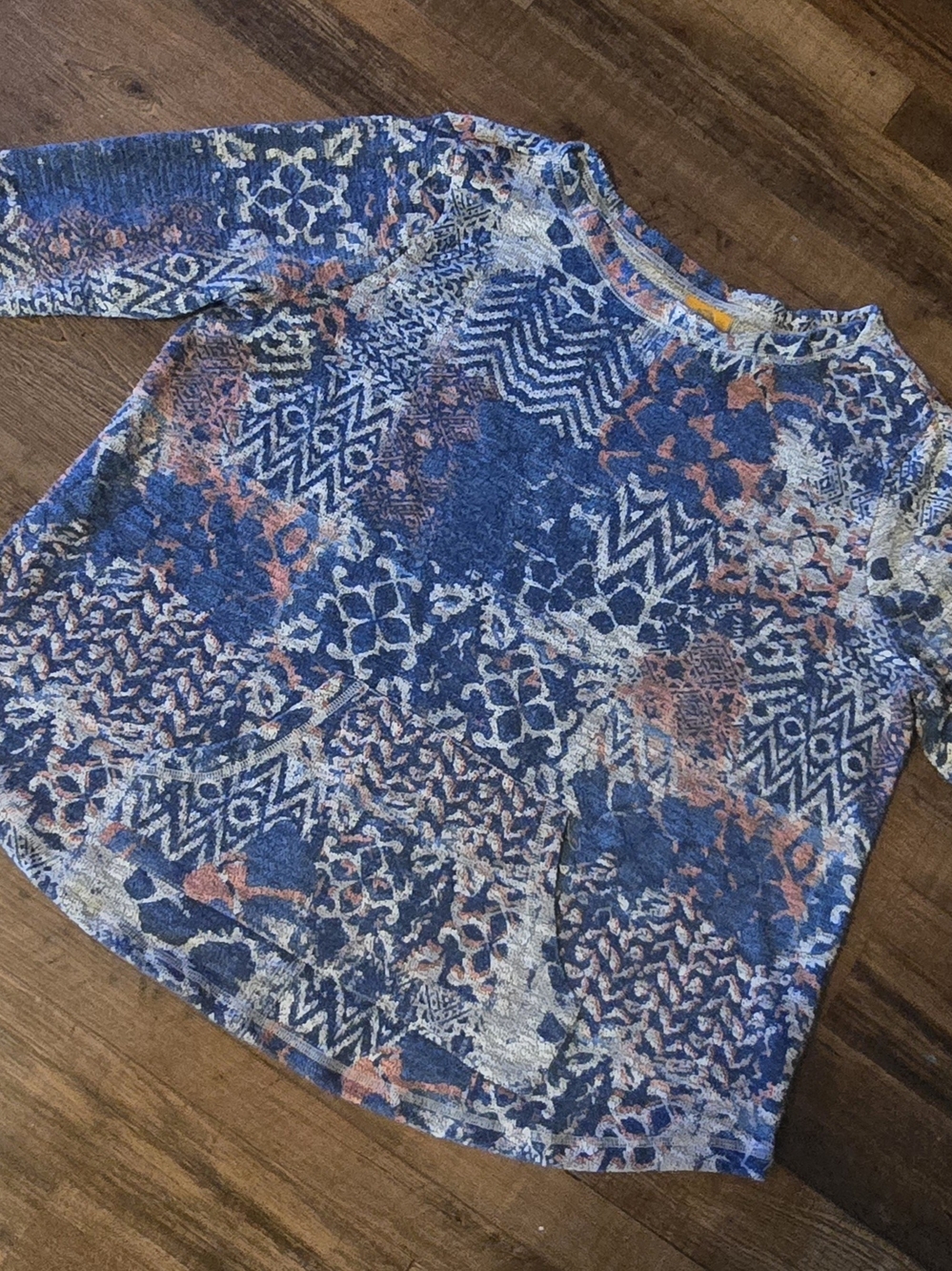 Ruby Rd. Blue Knit Top with Coral and Cream Accents